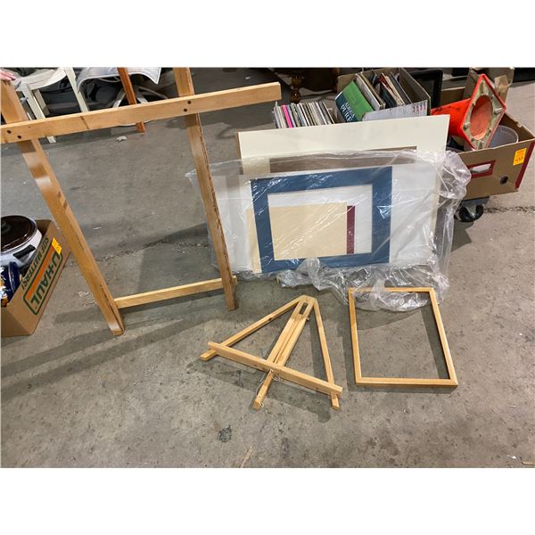 Lot of art supplies, easel, and framing mats