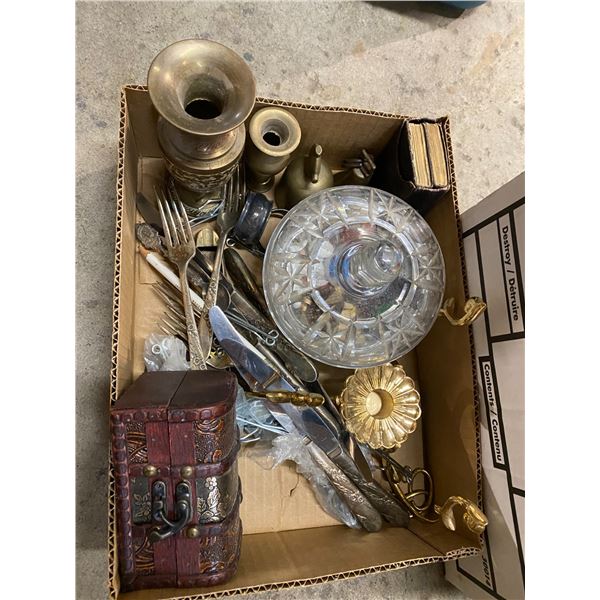 Box of flatware and collectibles