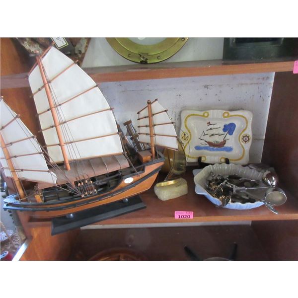 Shelf Lot of Assorted Model Ships & Barware