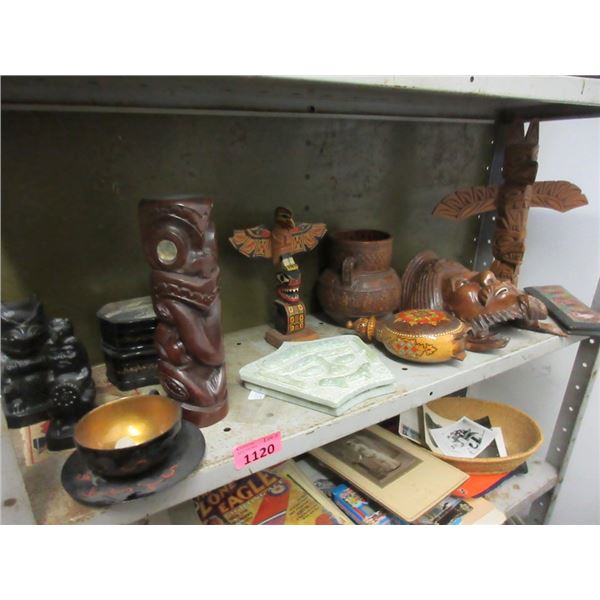 Shelf Lot of Totem Poles, Masks & More