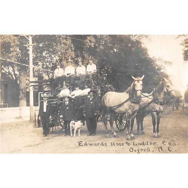 Oxford, North Carolina Edwards Hose & Ladder Co Fire Department Horse Drawn Fire Engine Real Photo P