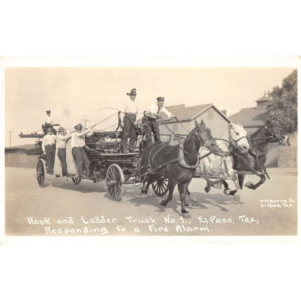 El Paso, Texas Hook & Ladder Truck No. 1 Horse Drawn Fire Engine Real Photo Postcard