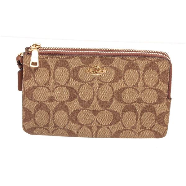 Coach Beige Logo Canvas Double Zip Wristlet