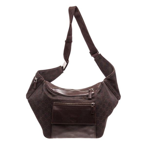 Gucci Dark Brown Beige Canvas Leather Large Waist Bag