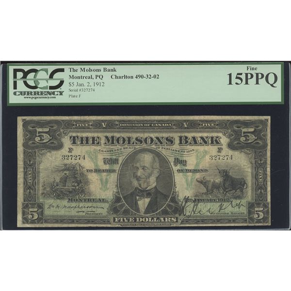 Molsons Bank of Canada $5, 1912