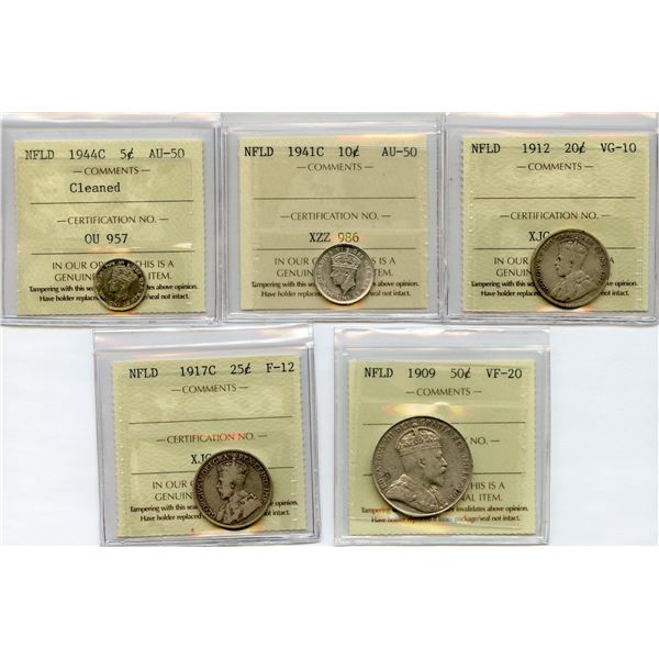 Lot of 5 ICCS Graded Newfoundland Coins