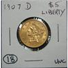 Image 2 : 1907-D $5 LIBERTY GOLD COIN