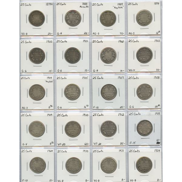 25 Cents "Dealer" Lot, 1874H - 1934. Lot of 20