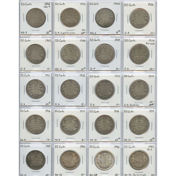 50 Cents "Dealer" Lot, 1892 - 1943. Lot of 20
