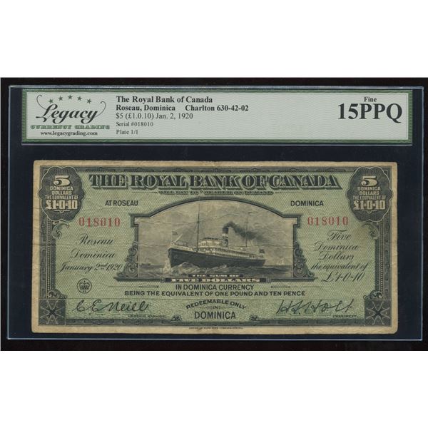Royal Bank of Canada $5 1920 - DOMINICA