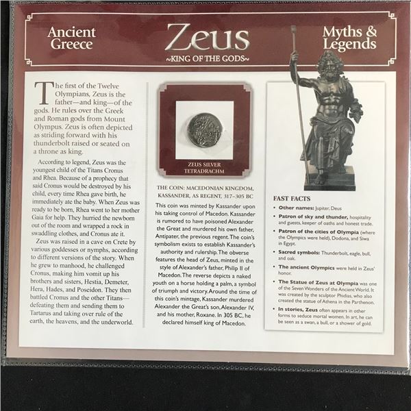 ZEUS SILVER TETRADRACHM COIN 317-305 BC COMPLETE WITH INFO CARD