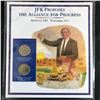 Image 1 : JFK PROPOSES THE ALLIANCE FOR PROGRESS 1976  X2  50 CENT PIECES AND STAMP  COMPLETE WITH INFO CARD