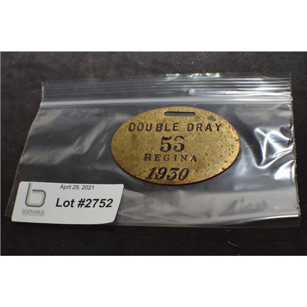1930 REGINA DOUBLE DRAY LICENSE PLATE BRASS TAG