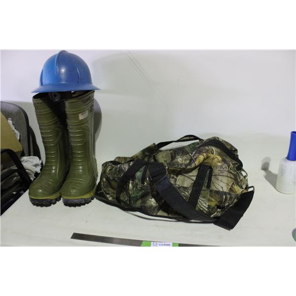 Camo Bag, Steel Toe Rubber Boots and Hard Hat