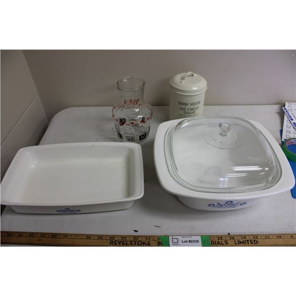 Corningware Casserole Dishes, Glass Pitcher and Metal Bin