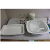 Image 1 : Corningware Casserole Dishes, Glass Pitcher and Metal Bin