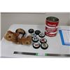 Image 1 : Oilers Teddy Bear, Tin Can with Hockey Pucks