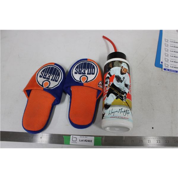 Oilers Slippers and Hockey Water Bottle