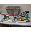 Image 1 : Plastic Tote With Screening, Hammer, Measuring Tapes, Hard Tools and Misc