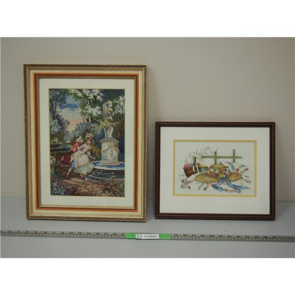 (2) Petit Point Needle Work Pictures in Frames