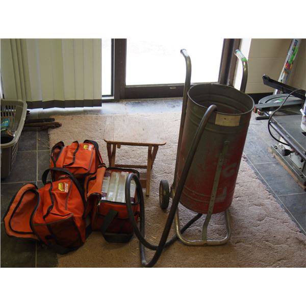 Portable Sandblasting Container, Small Wooden Table and Plastic Organizers in Bags