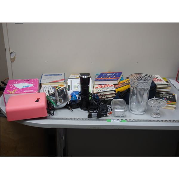 UV Lamp, Clear Glass Vase, Butter Dish, Misc Book and Misc