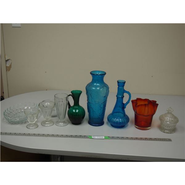 Colored and Clear Glass Vases, Ice Cream Glasses and Other