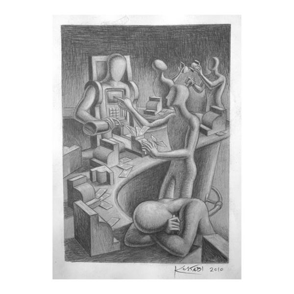 Mark Kostabi "Tapsters Trap" Hand Signed Original Artwork with COA.
