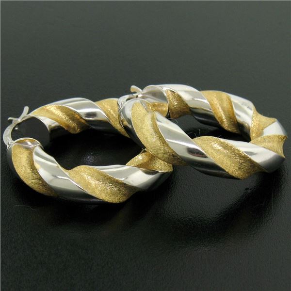 Italian 18K Two Tone Gold 27mm Textured Twisted Drill Bit Pattern Hoop Earrings
