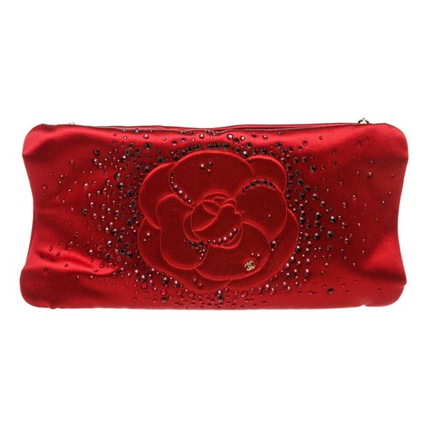 Chanel Red Satin Embellished Camellia Clutch Shoulder Bag