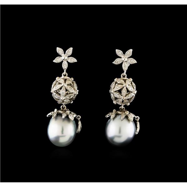 Tahitian Pearl and Diamond Earrings - 14KT White Gold