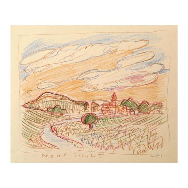 Wayne Ensrud "View of Meursault, Burgundy" Pencil Original Artwork; Hand Signed;