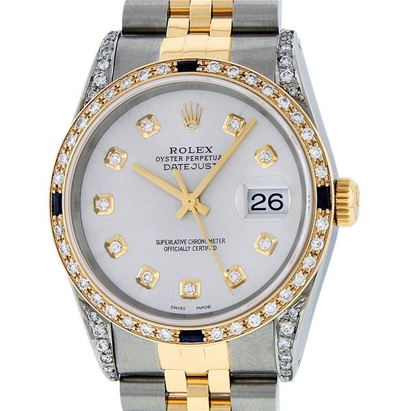 Rolex Mens 2 Tone Lugs Silver Diamond & Sapphire 36MM Datejust