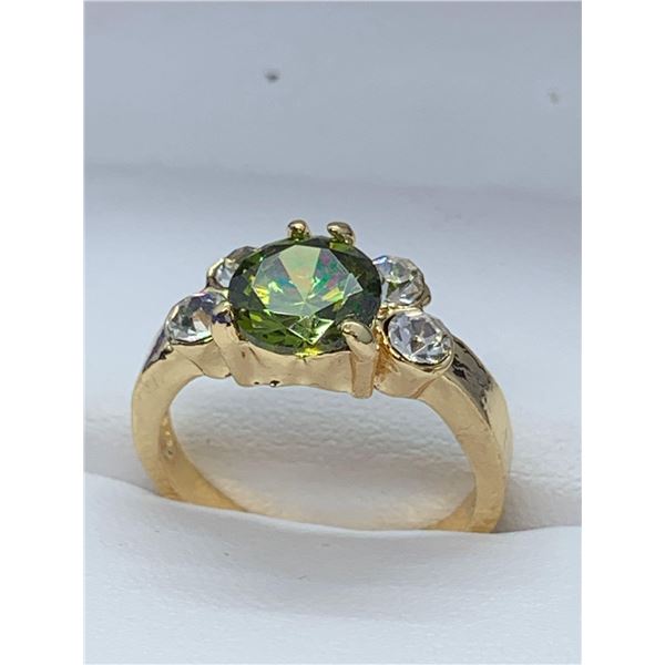 Ladies 14K G.P. Peridot Solitaire Style Gemstone ring with side CZ stones