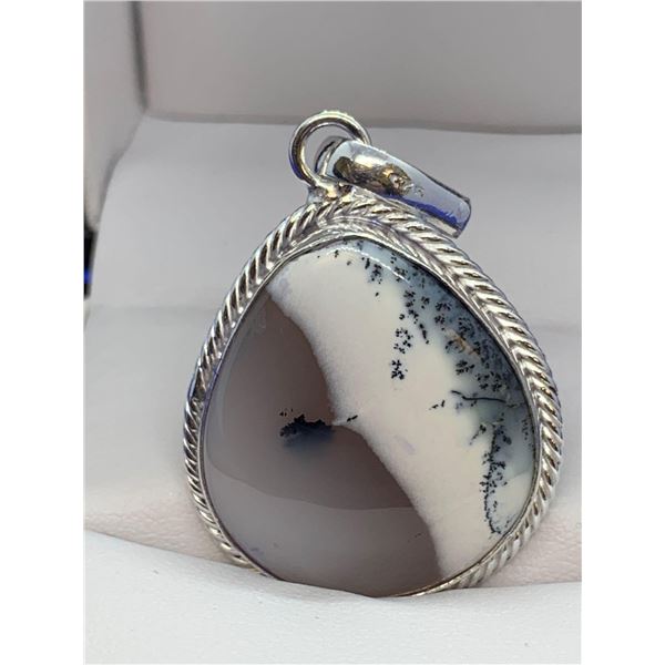 NEW Large Dendrite Opal Gemstone pendant .925 silver plated - approx 1 inch across
