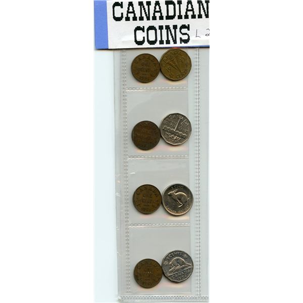 Eight Seldom Seen Canadian Coins - 5 cents 1943, 1951, 1967, 1954, One Cent 1932, 1933, 1934, 1935
