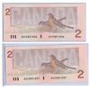 Image 1 : Consecutive 1986 Two Dollar Canadian Bills BUH5891846 and BUH5891847