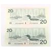 Image 1 : Consecutive 1991 TWENTY Dollar Canadian Bills AYG1423756 and AYG1423757