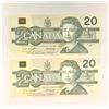 Image 2 : Consecutive 1991 TWENTY Dollar Canadian Bills AYG1423756 and AYG1423757
