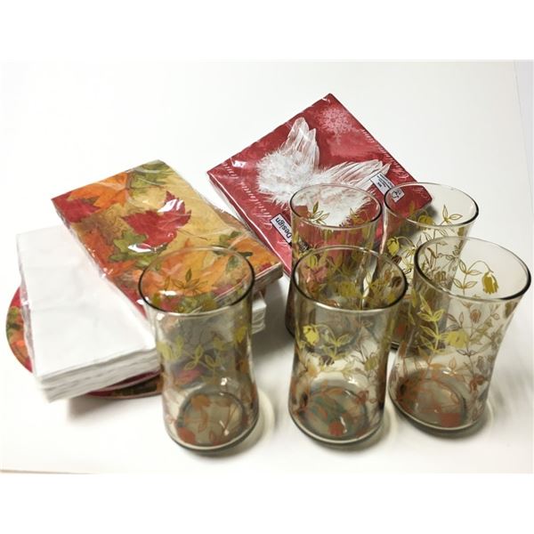 Glasses (Leaf Design) Qty 5 + Napkins + Paper Plates