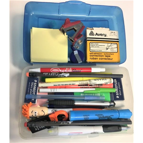 Container (Blue): Misc. Working Pens,Clips, Post It, Erasers