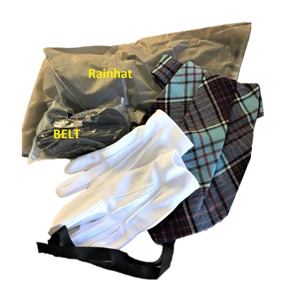 Military ceremonial White Gloves & Tartan Dickie with  Rain Hat and New Belt