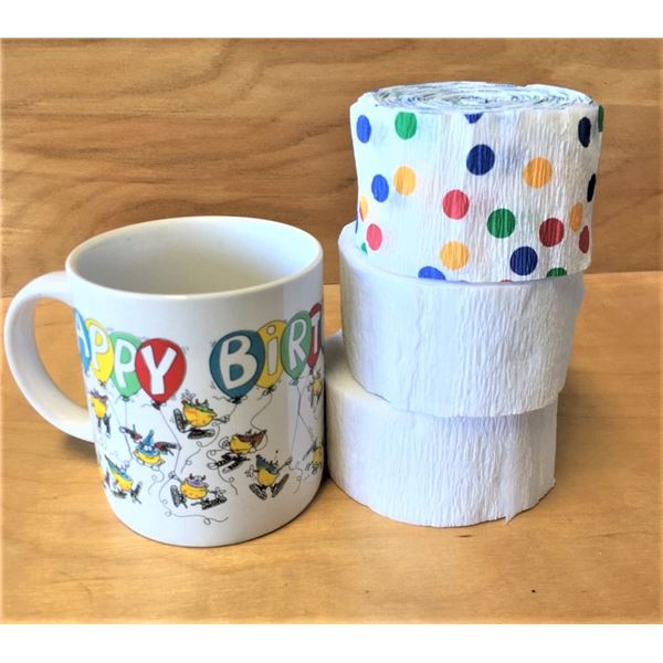 Happy Birthday Mug + Party Crepe Streamer