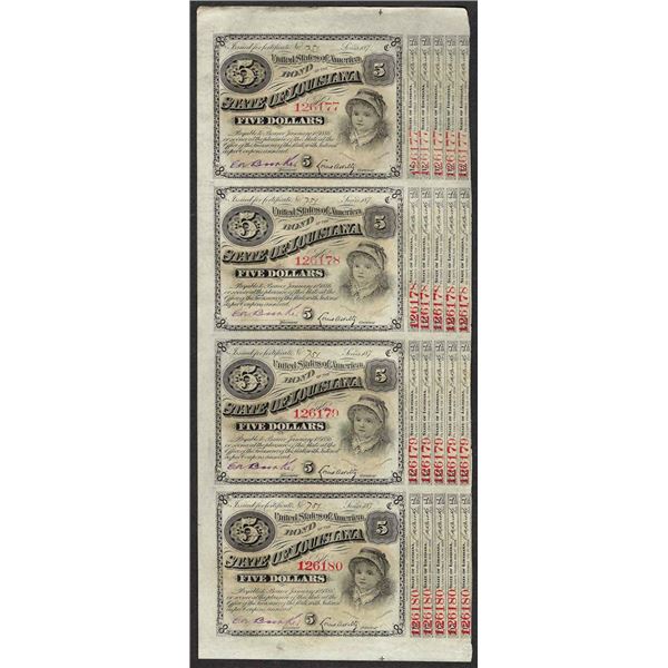 Uncut Sheet of (4) State of Louisiana Baby Bond Obsolete Notes