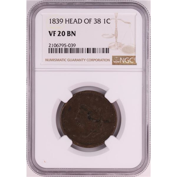1839 Head of 38 Coronet Large Cent Coin NGC VF20 BN