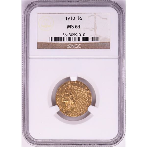 1910 $5 Indian Head Half Eagle Gold Coin NGC MS63