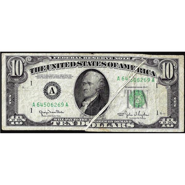 1950 $10 Federal Reserve Multiple Gutter Fold ERROR Note