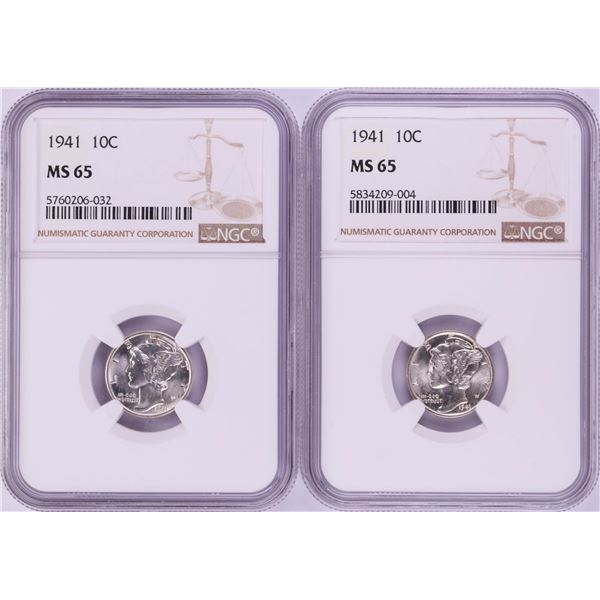 Lot of (2) 1941 Mercury Dime Coins NGC MS65