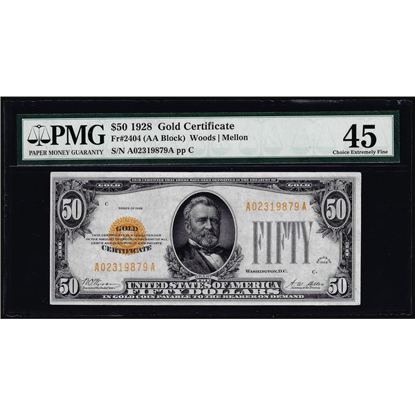 1928 $50 Gold Certificate Note Fr.2404 PMG Choice Extremely Fine 45
