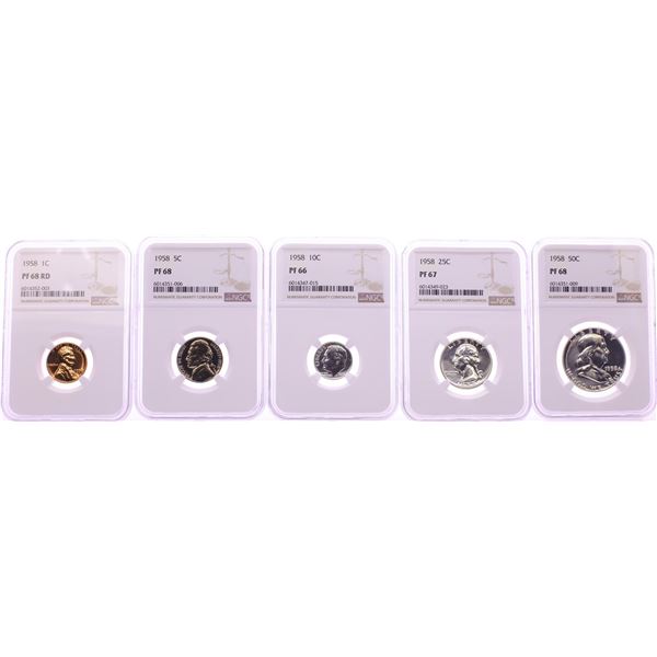 1958 (5) Coin Proof Set Graded NGC PF66/67/68